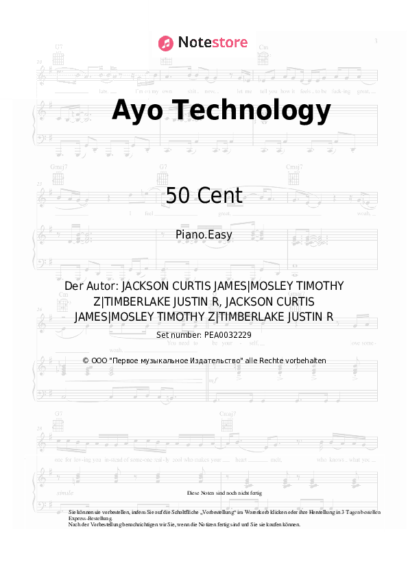 Einfache Noten 50 Cent, Justin Timberlake - Ayo Technology - Klavier.Einfach