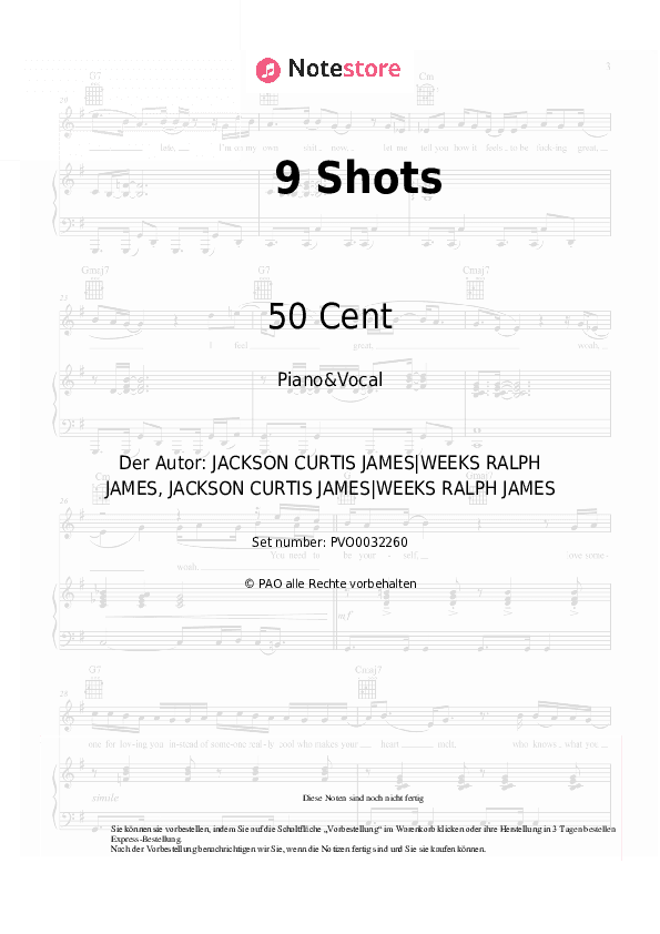 Noten mit Gesang 50 Cent - 9 Shots - Klavier&Gesang