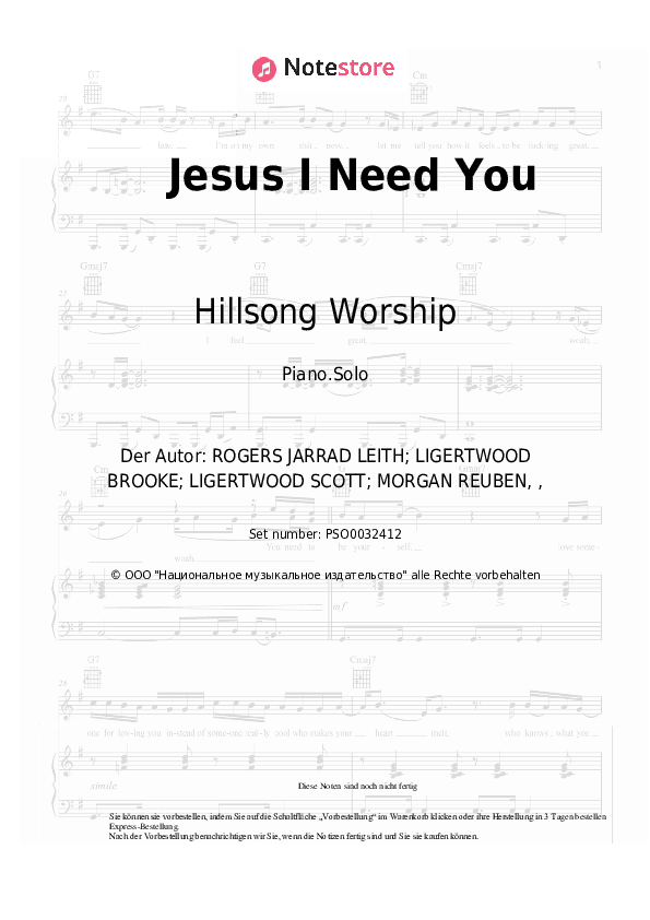 Noten - Jesus I Need You - Klavier.Solo