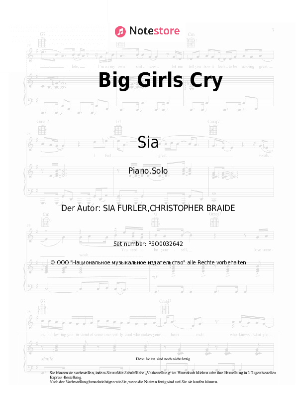 Noten Sia - Big Girls Cry - Klavier.Solo