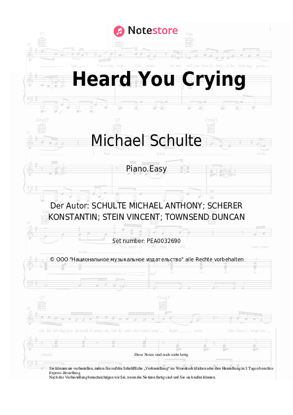 Einfache Noten Michael Schulte - Heard You Crying - Klavier.Einfach