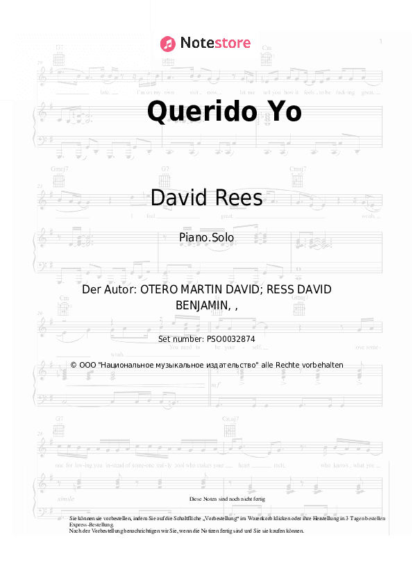 Noten David Rees - Querido Yo - Klavier.Solo