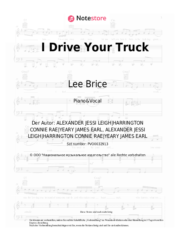 Noten mit Gesang Lee Brice - I Drive Your Truck - Klavier&Gesang