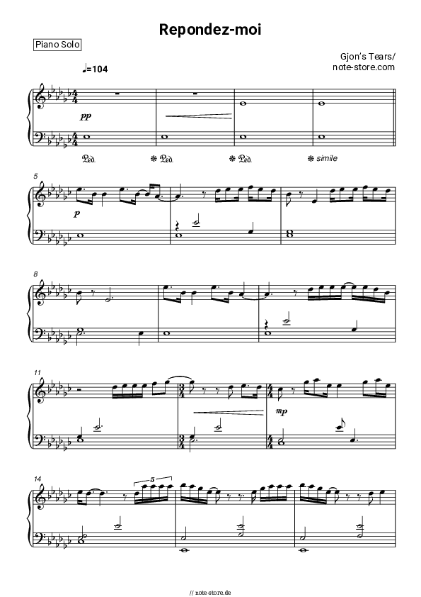 Noten Gjon’s Tears - Repondez-moi - Klavier.Solo