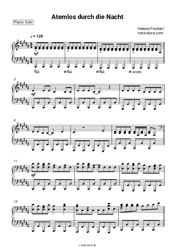 Noten Helene Fischer - Atemlos durch die Nacht - Klavier.Solo