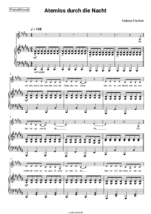 Noten mit Gesang Helene Fischer - Atemlos durch die Nacht - Klavier&Gesang