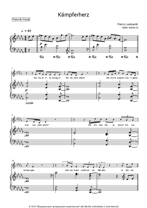 Noten mit Gesang Pietro Lombardi - Kampferherz - Klavier&Gesang
