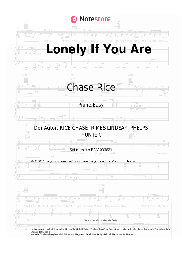 Einfache Noten Chase Rice - Lonely If You Are - Klavier.Einfach