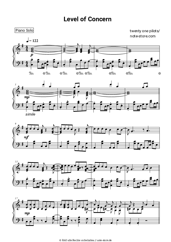 Noten Twenty One Pilots - Level of Concern - Klavier.Solo