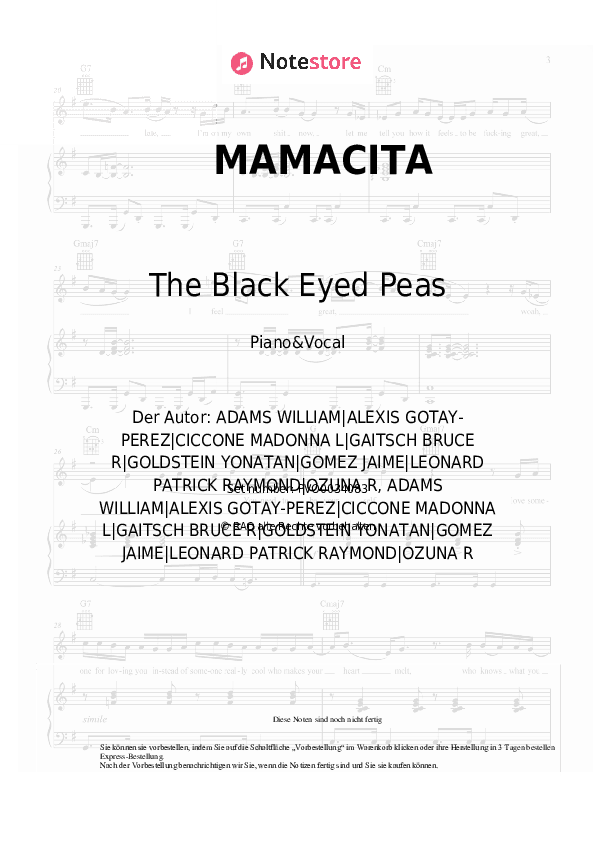 Noten mit Gesang The Black Eyed Peas, Ozuna, J. Rey Soul - MAMACITA - Klavier&Gesang