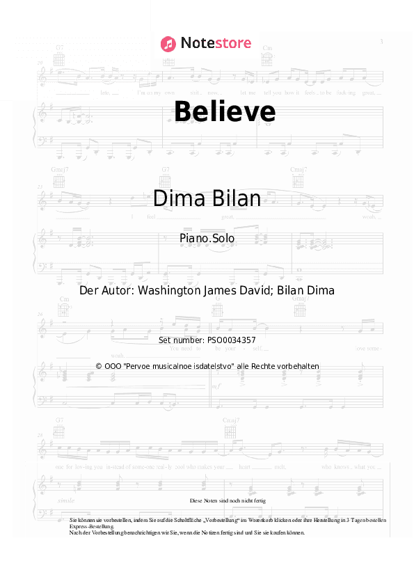 Noten Dima Bilan - Believe - Klavier.Solo