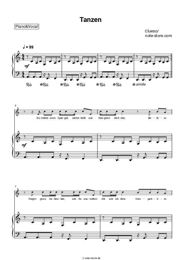 Noten mit Gesang Clueso - Tanzen - Klavier&Gesang