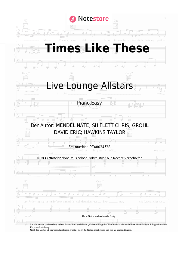Einfache Noten Live Lounge Allstars - Times Like These - Klavier.Einfach