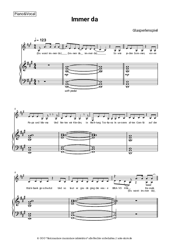 Noten mit Gesang Glasperlenspiel - Immer da - Klavier&Gesang