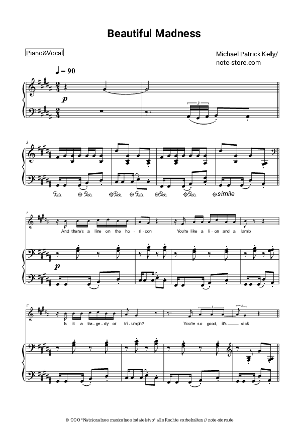 Noten mit Gesang Michael Patrick Kelly - Beautiful Madness - Klavier&Gesang