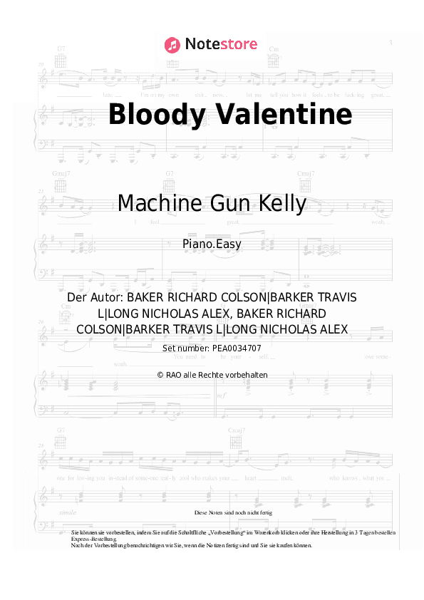 Einfache Noten Machine Gun Kelly - Bloody Valentine - Klavier.Einfach