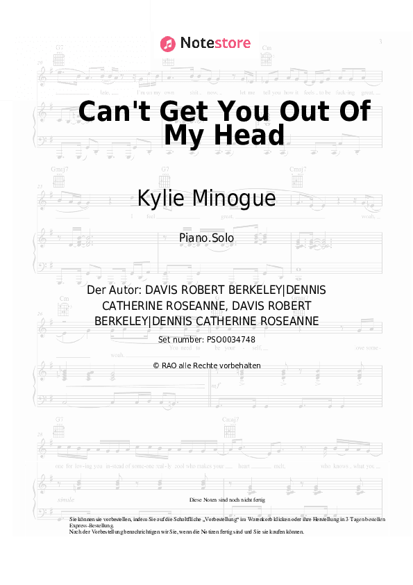 Noten Kylie Minogue - Can't Get You Out Of My Head - Klavier.Solo