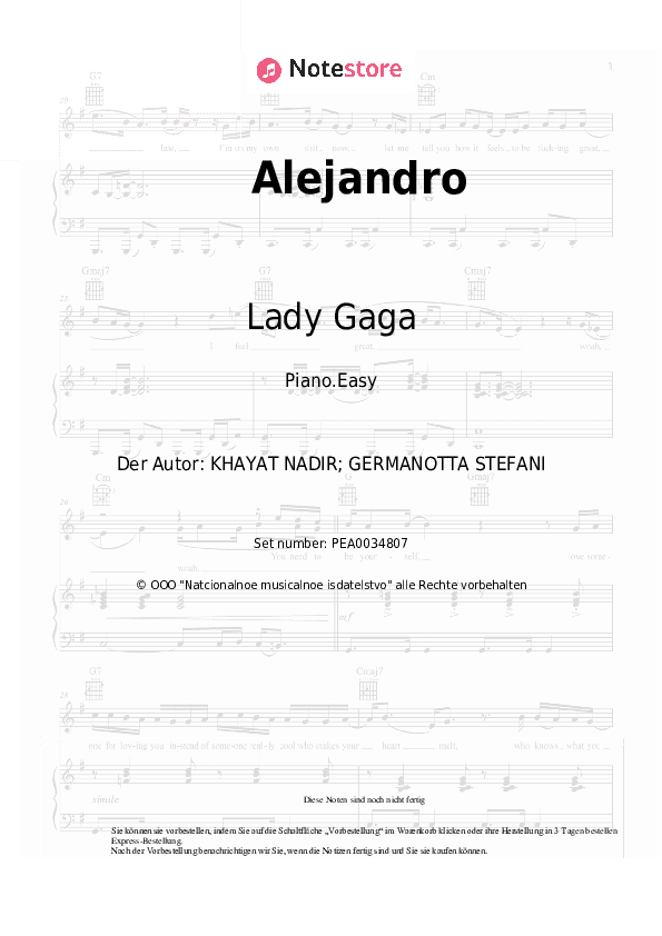 Einfache Noten Lady Gaga - Alejandro - Klavier.Einfach
