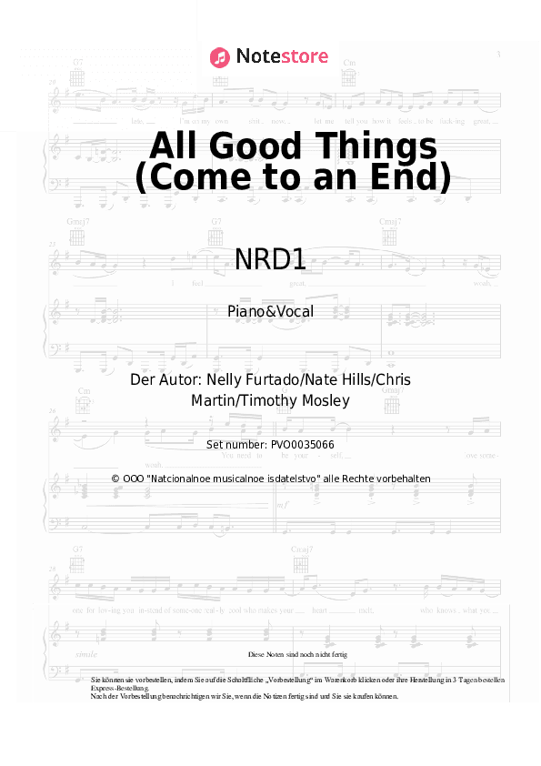 Noten mit Gesang NRD1 - All Good Things (Come to an End) - Klavier&Gesang