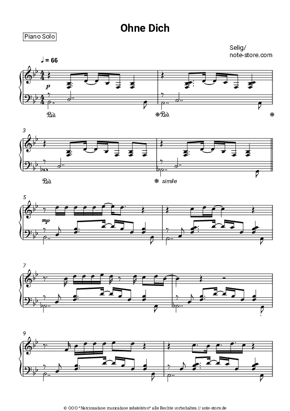 Noten Selig - Ohne dich - Klavier.Solo