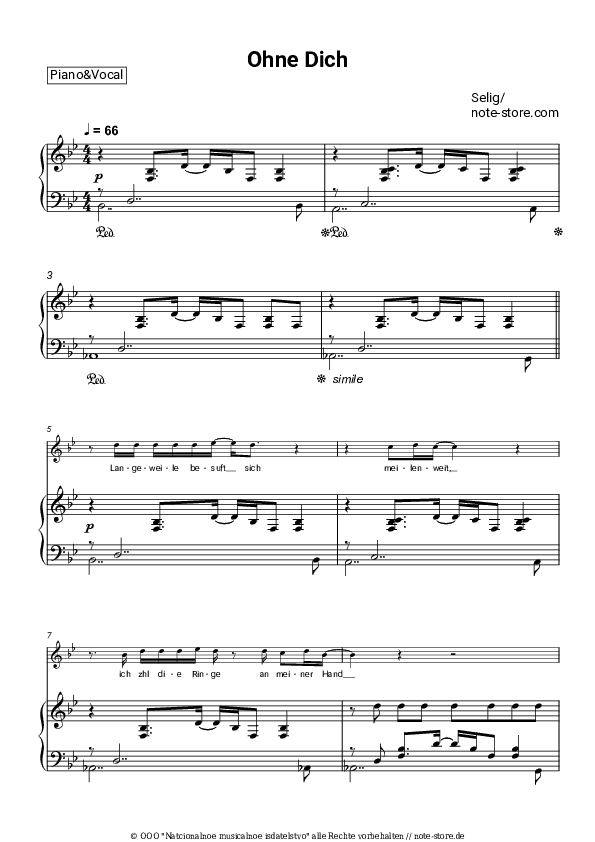 Noten mit Gesang Selig - Ohne dich - Klavier&Gesang