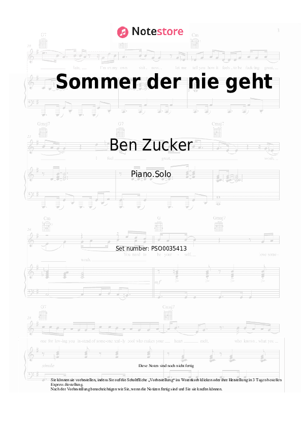 Noten Ben Zucker - Sommer der nie geht - Klavier.Solo