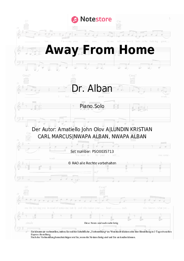 Noten Dr. Alban - Away From Home - Klavier.Solo