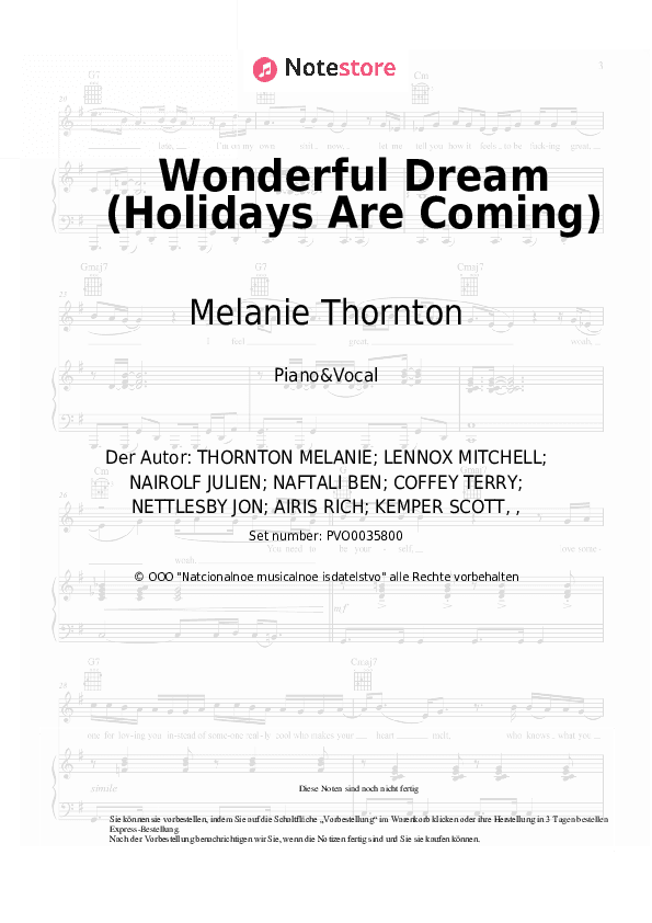 Noten mit Gesang Melanie Thornton - Wonderful Dream (Holidays Are Coming) - Klavier&Gesang