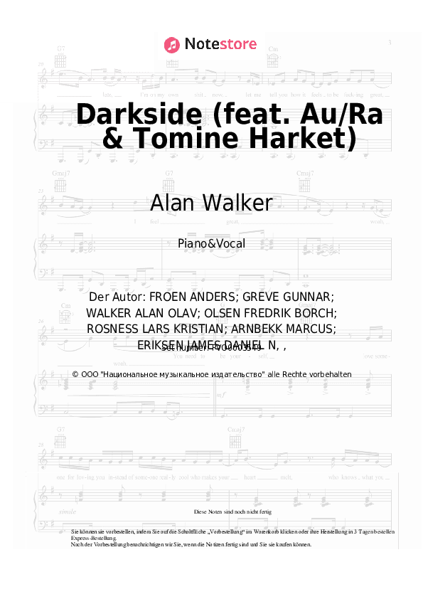 Noten mit Gesang Alan Walker - Darkside (feat. Au/Ra & Tomine Harket) - Klavier&Gesang
