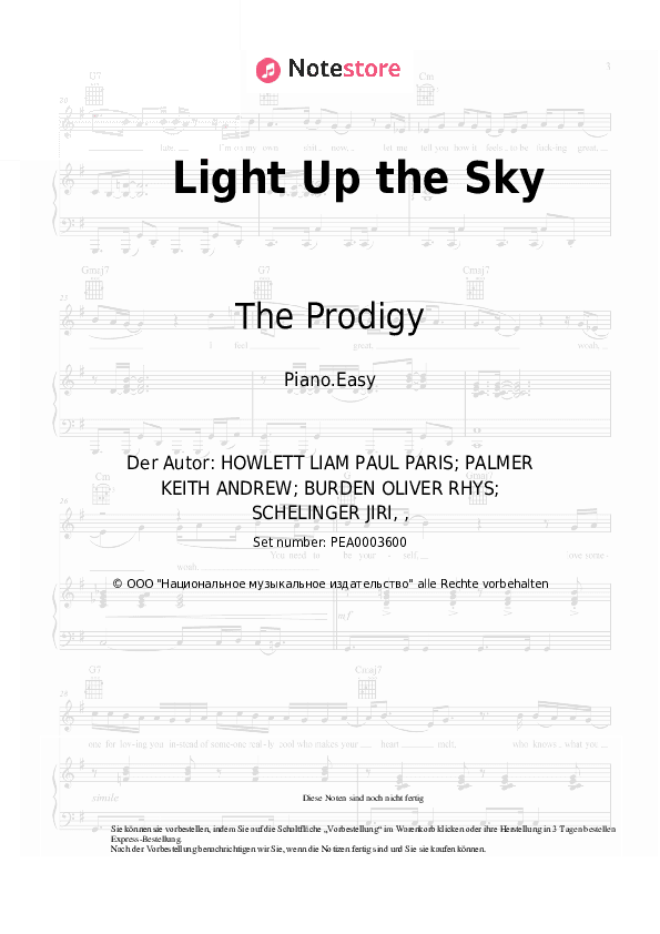 Einfache Noten The Prodigy - Light Up the Sky - Klavier.Einfach
