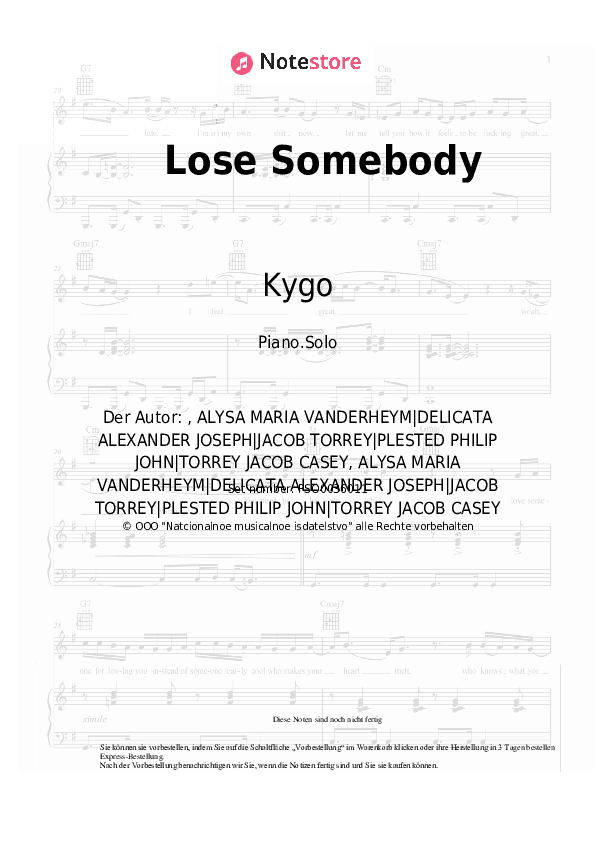 Noten Kygo, OneRepublic - Lose Somebody - Klavier.Solo