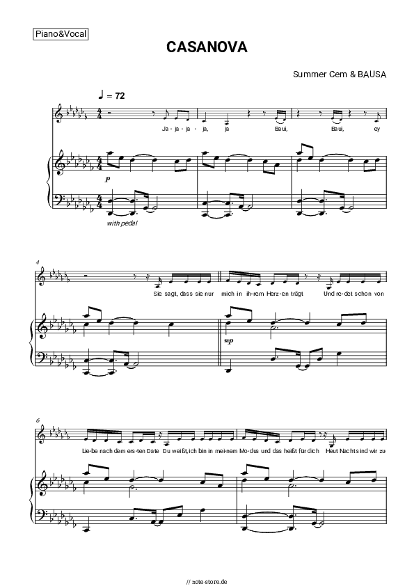 Noten mit Gesang Summer Cem, Bausa - Casanova - Klavier&Gesang