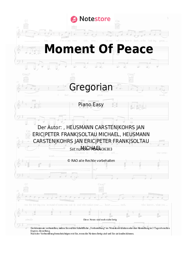 Einfache Noten Gregorian - Moment Of Peace - Klavier.Einfach