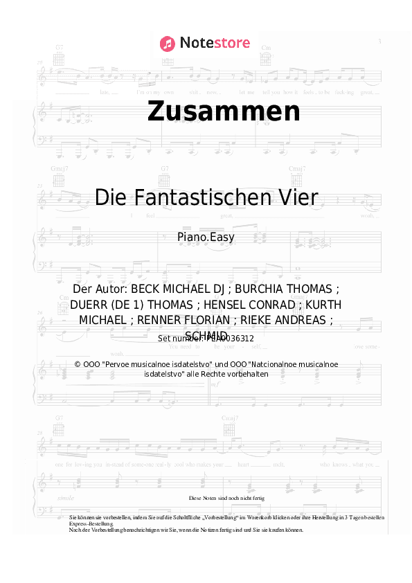 Einfache Noten Die Fantastischen Vier, Clueso - Zusammen - Klavier.Einfach