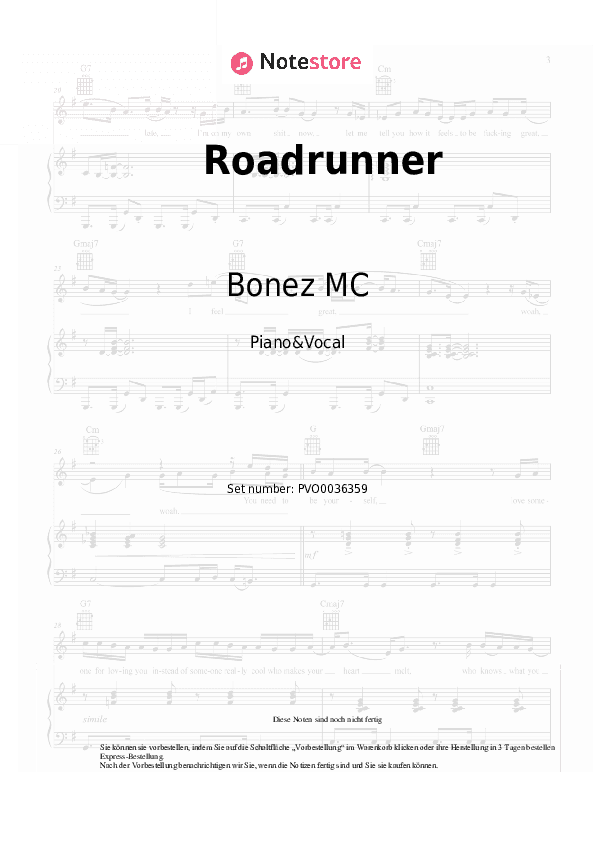 Noten mit Gesang Bonez MC - Roadrunner - Klavier&Gesang