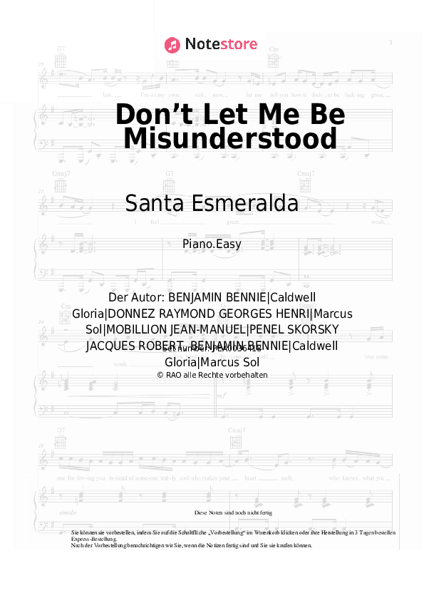 Einfache Noten Santa Esmeralda - Don’t Let Me Be Misunderstood - Klavier.Einfach