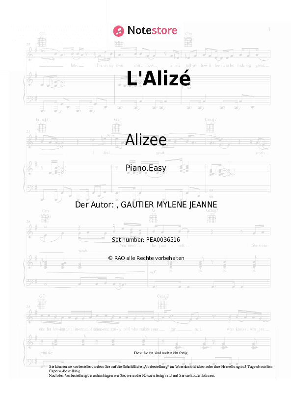 Einfache Noten Alizee - L'Alizé - Klavier.Einfach