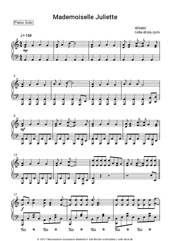 Noten Alizee - Mademoiselle Juliette - Klavier.Solo