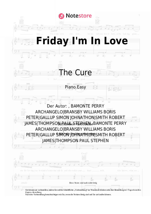Einfache Noten The Cure - Friday I'm In Love - Klavier.Einfach