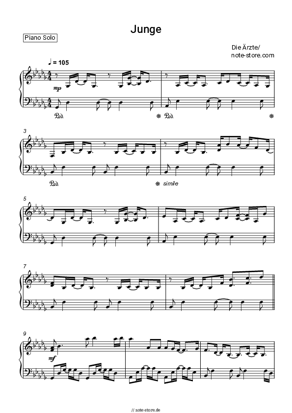 Noten Die Arzte - Junge - Klavier.Solo