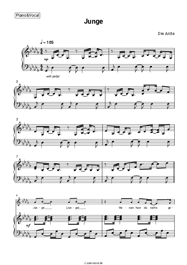 Noten mit Gesang Die Arzte - Junge - Klavier&Gesang