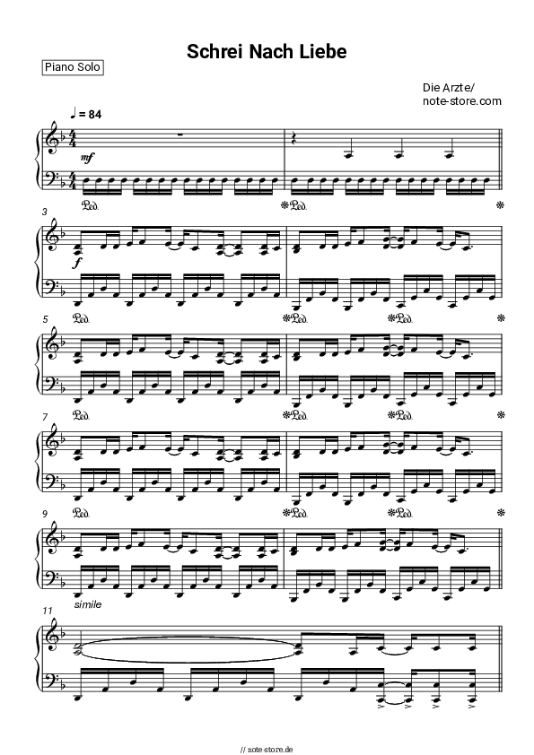 Noten Die Arzte - Schrei Nach Liebe - Klavier.Solo