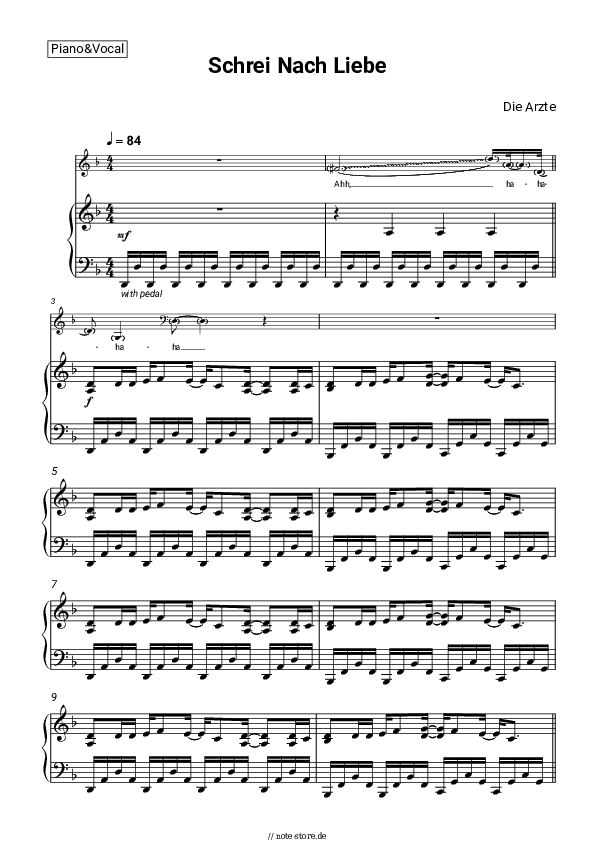 Noten mit Gesang Die Arzte - Schrei Nach Liebe - Klavier&Gesang