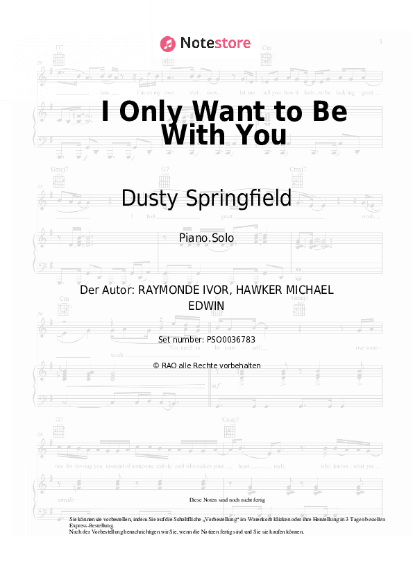 Noten Dusty Springfield - I Only Want to Be With You - Klavier.Solo