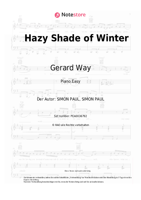 Einfache Noten Gerard Way, Ray Toro - Hazy Shade of Winter - Klavier.Einfach