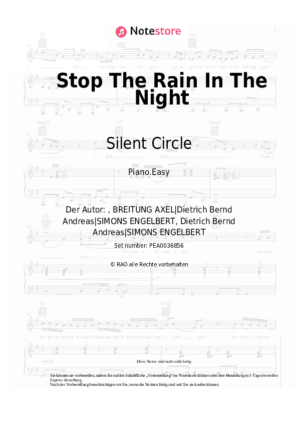 Einfache Noten Silent Circle - Stop The Rain In The Night - Klavier.Einfach
