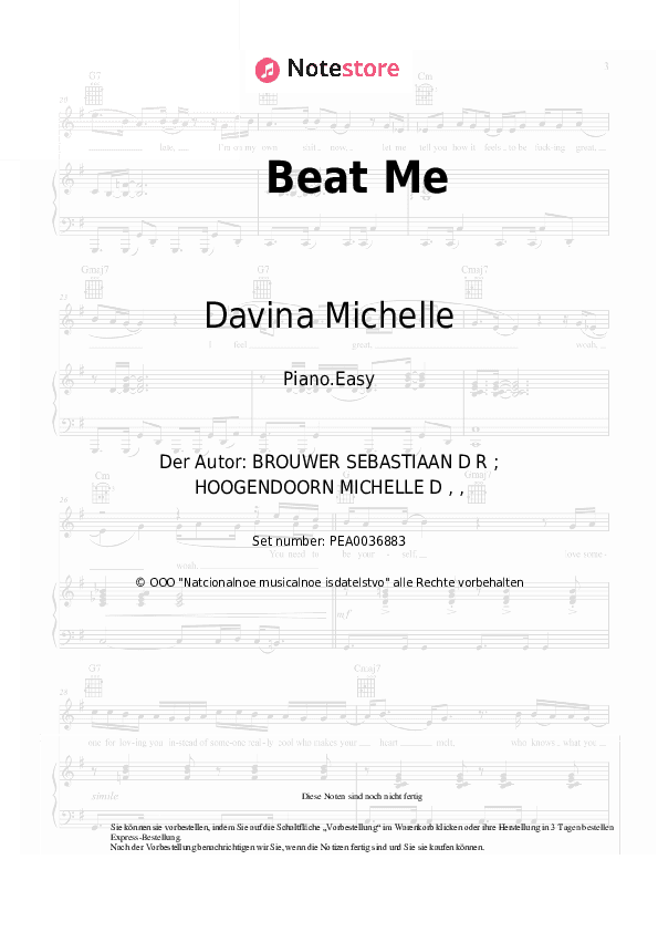 Einfache Noten Davina Michelle - Beat Me - Klavier.Einfach