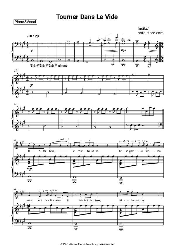 Noten mit Gesang Indila - Tourner Dans Le Vide - Klavier&Gesang