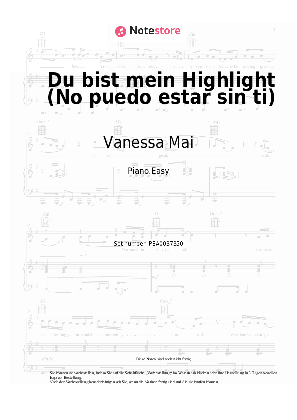 Einfache Noten Vanessa Mai, Lerica - Du bist mein Highlight (No puedo estar sin ti) - Klavier.Einfach