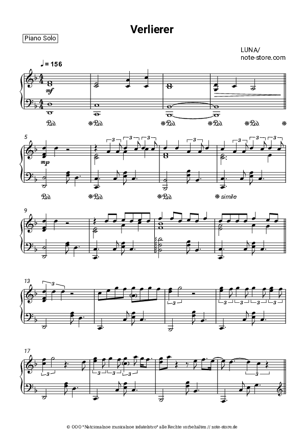Noten LUNA - Verlierer - Klavier.Solo